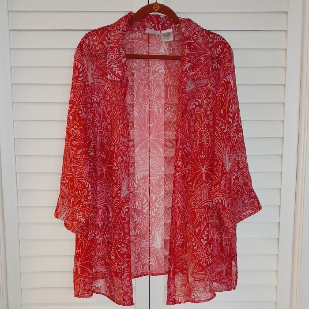 22W/ 24 W Vintage White Stag Red Paisley Sheer Kimono-Inspired Blazer Buttons